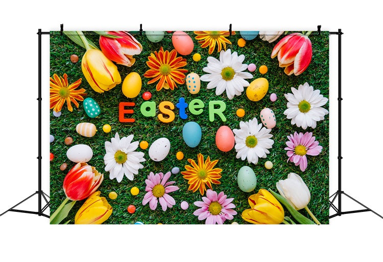 Easter Photo Backdrop Tulip Daisy Egg Decoration Backdrop TWW3-15