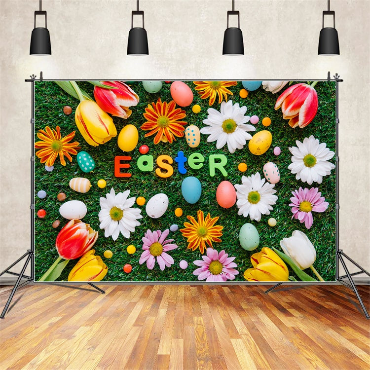 Easter Photo Backdrop Tulip Daisy Egg Decoration Backdrop TWW3-15