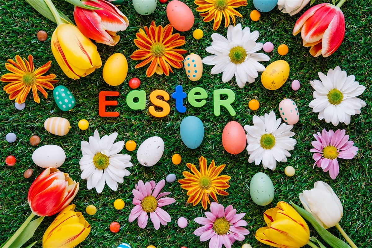 Easter Photo Backdrop Tulip Daisy Egg Decoration Backdrop TWW3-15