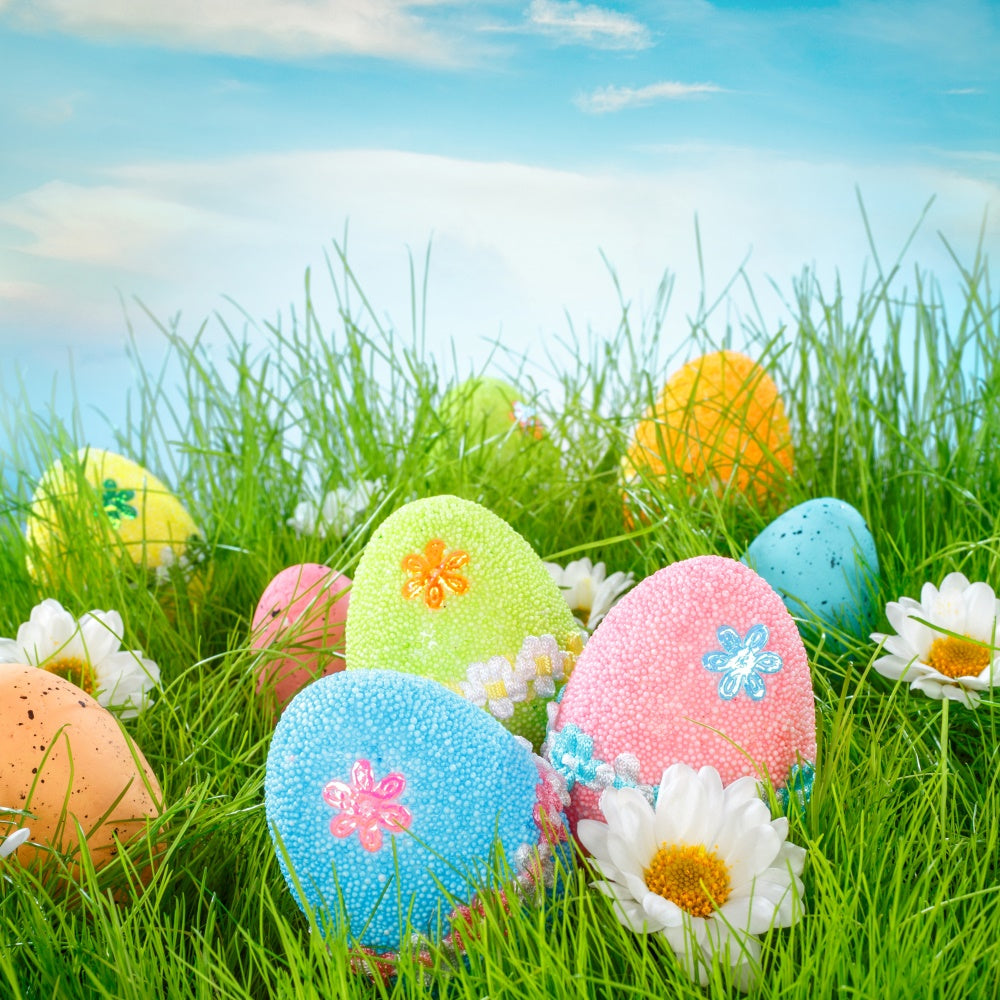 Easter Backdrops Photography Blue Sky Egg Blossoms Backdrop TWW3-20