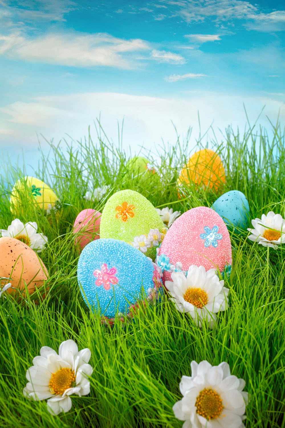 Easter Backdrops Photography Blue Sky Egg Blossoms Backdrop TWW3-20