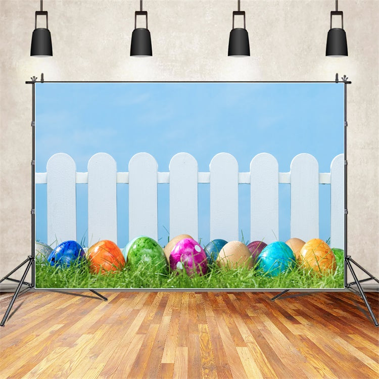 Easter Backdrop Photography White Fence Colorful Egg Backdrop TWW3-28