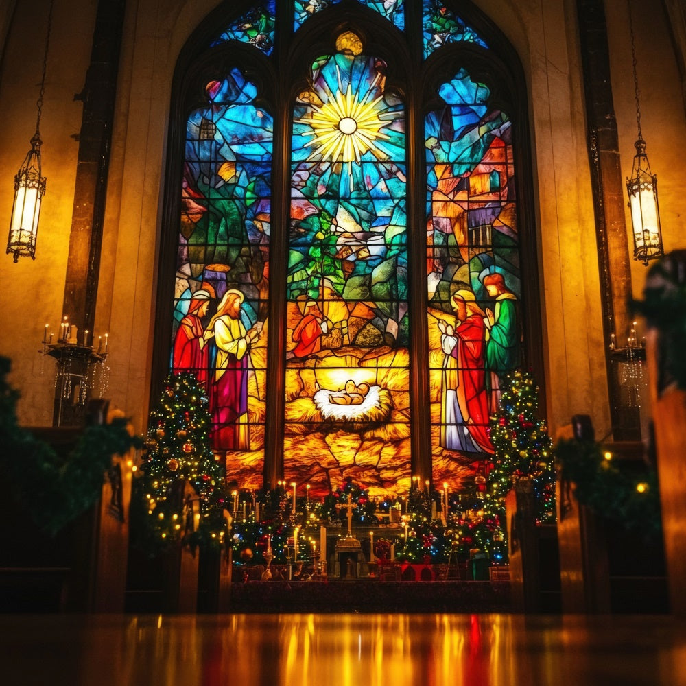 Easter Photo Backdrop Nativity Scene Stained Glass Backdrop TWW3-3