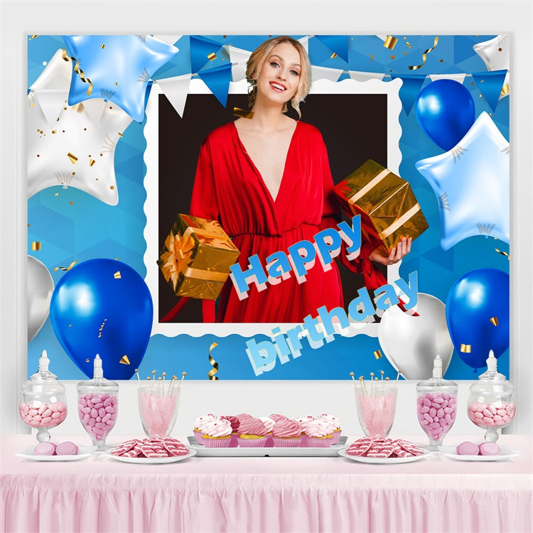 Custom Happy Birthday Backdrop Golden Gift Blue Balloon Backdrop TWW3-66