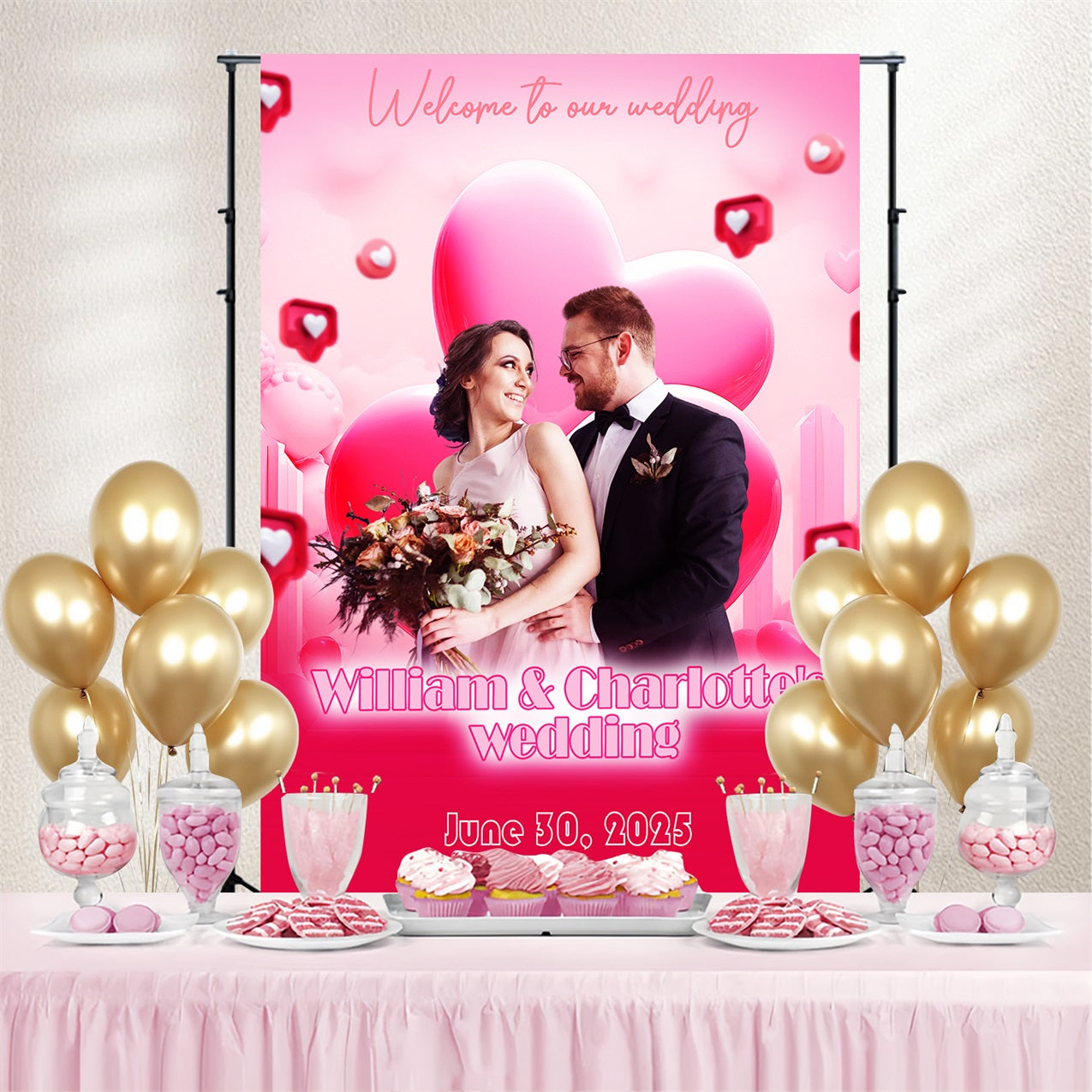 Wedding Backdrop Pink Heart Love Personalized Backdrop TWW3-93