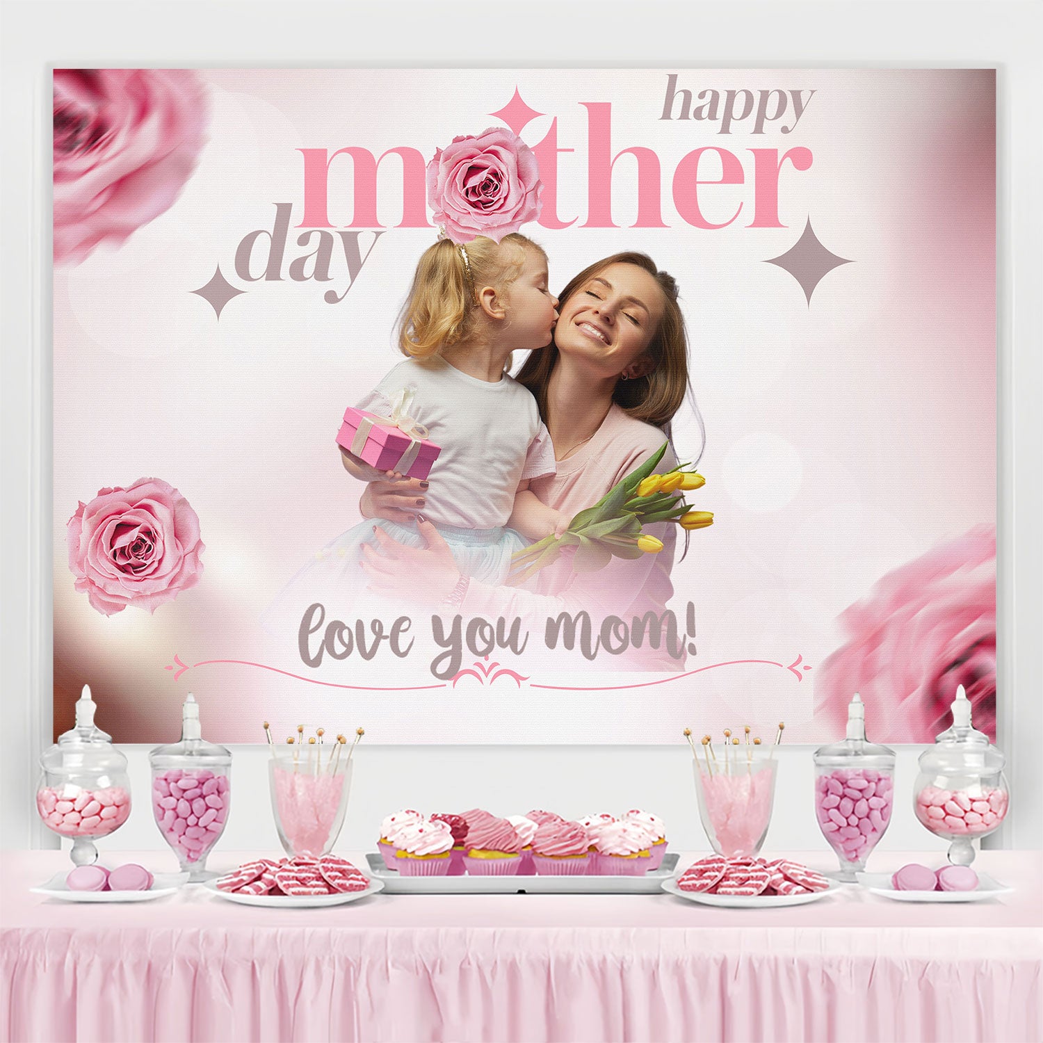 Mother's Day Photo Backdrop Pink Blossom Love Personalised Backdrop TWW4-4