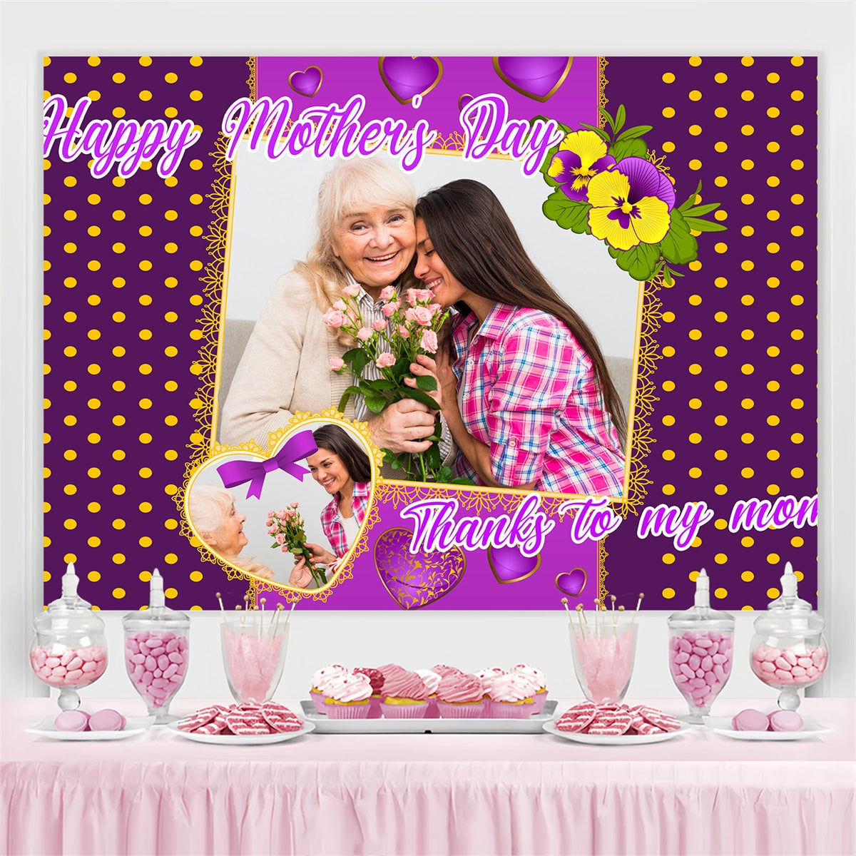 Mothers Day Backdrop Purple Dots Flowers Customized Backdrop TWW4-7