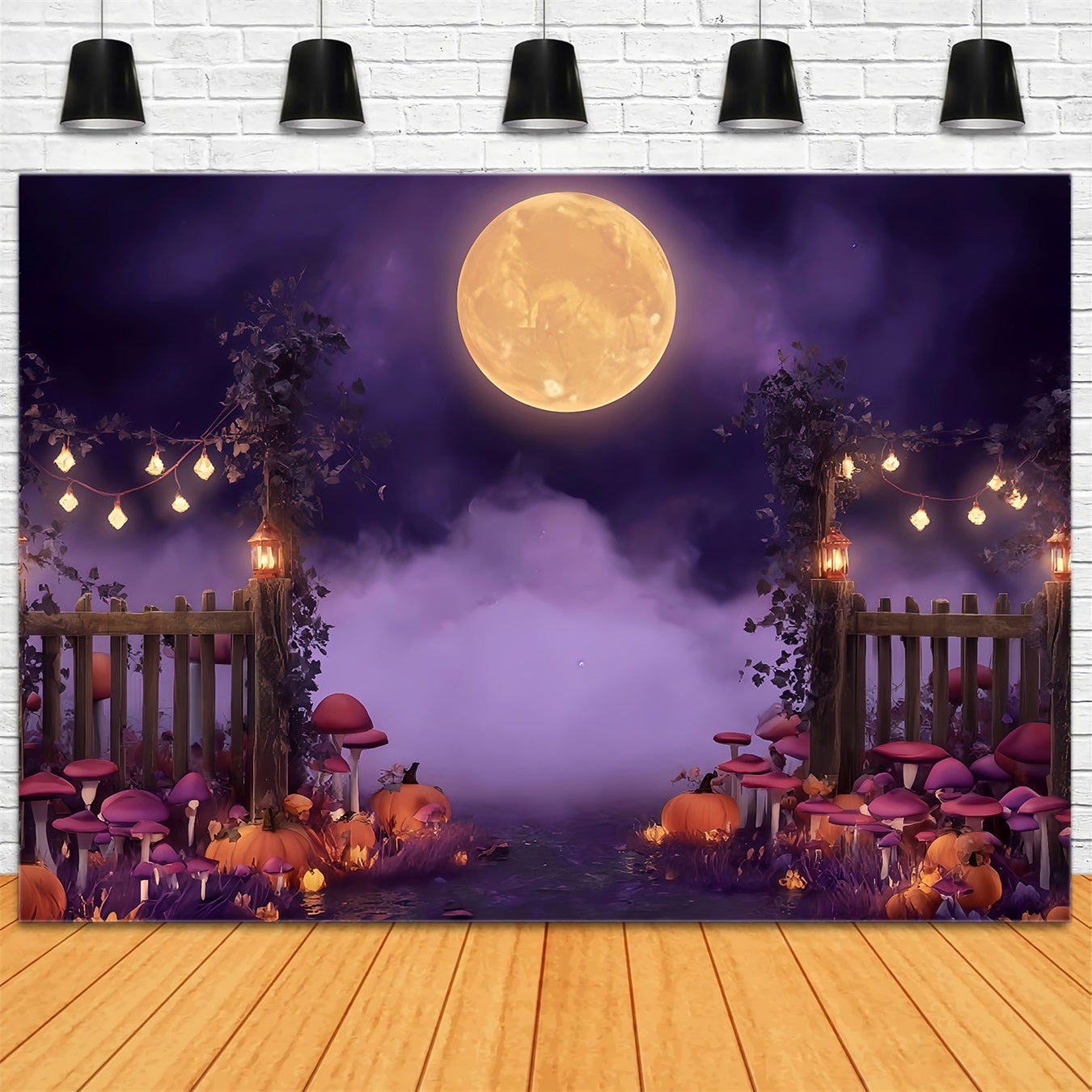 Halloween Moon Backdrop Moonlit Pumpkin Forest Path Halloween Backdrop TWW510-1