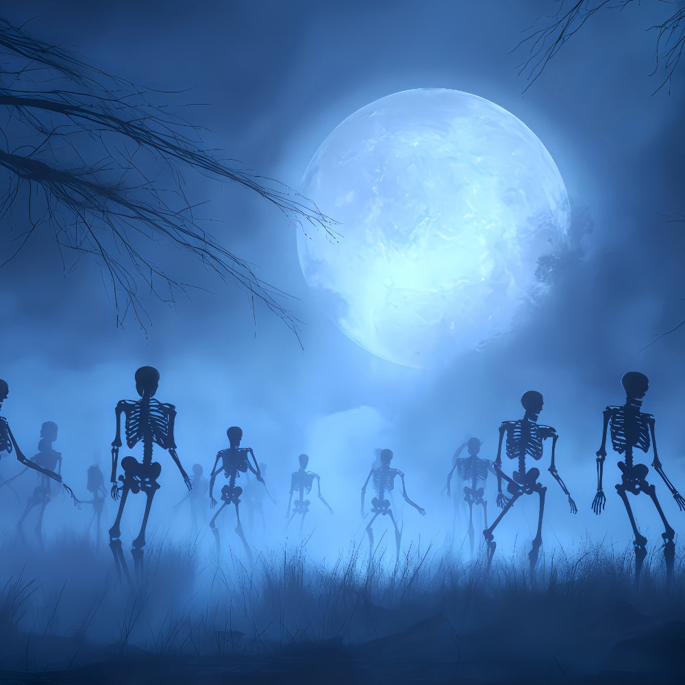 Halloween Ghost Backdrop Skeletons Rising Under Blue Moon Scary Halloween Backdrops TWW510-10