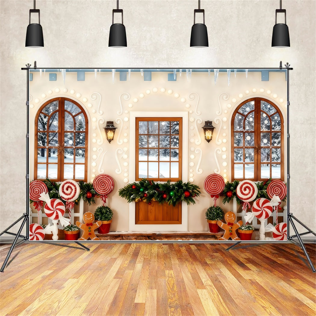 Gingerbread Backdrop Candy Cane Gingerbread Porch Christmas Backdrops Sale TWW510-100