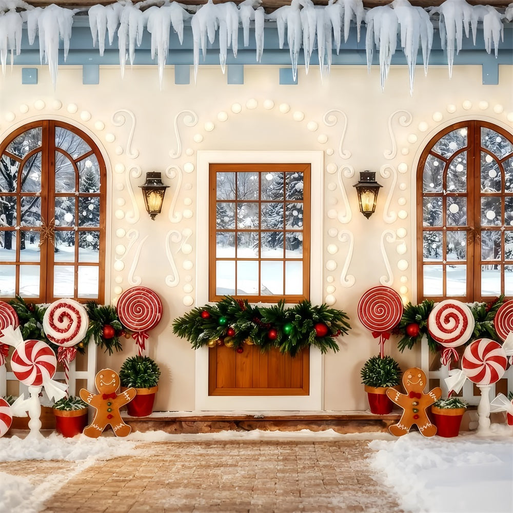 Gingerbread Backdrop Candy Cane Gingerbread Porch Christmas Backdrops Sale TWW510-100