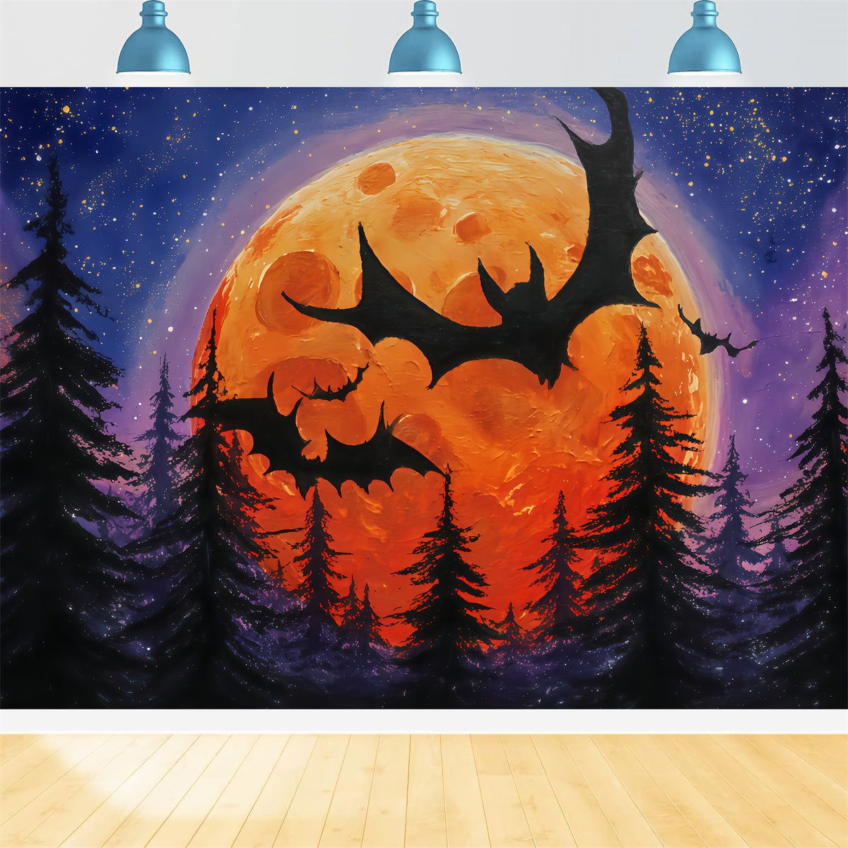 Halloween Moon Backdrop Flying Bats Orange Moon Forest Halloween Backdrops TWW510-12