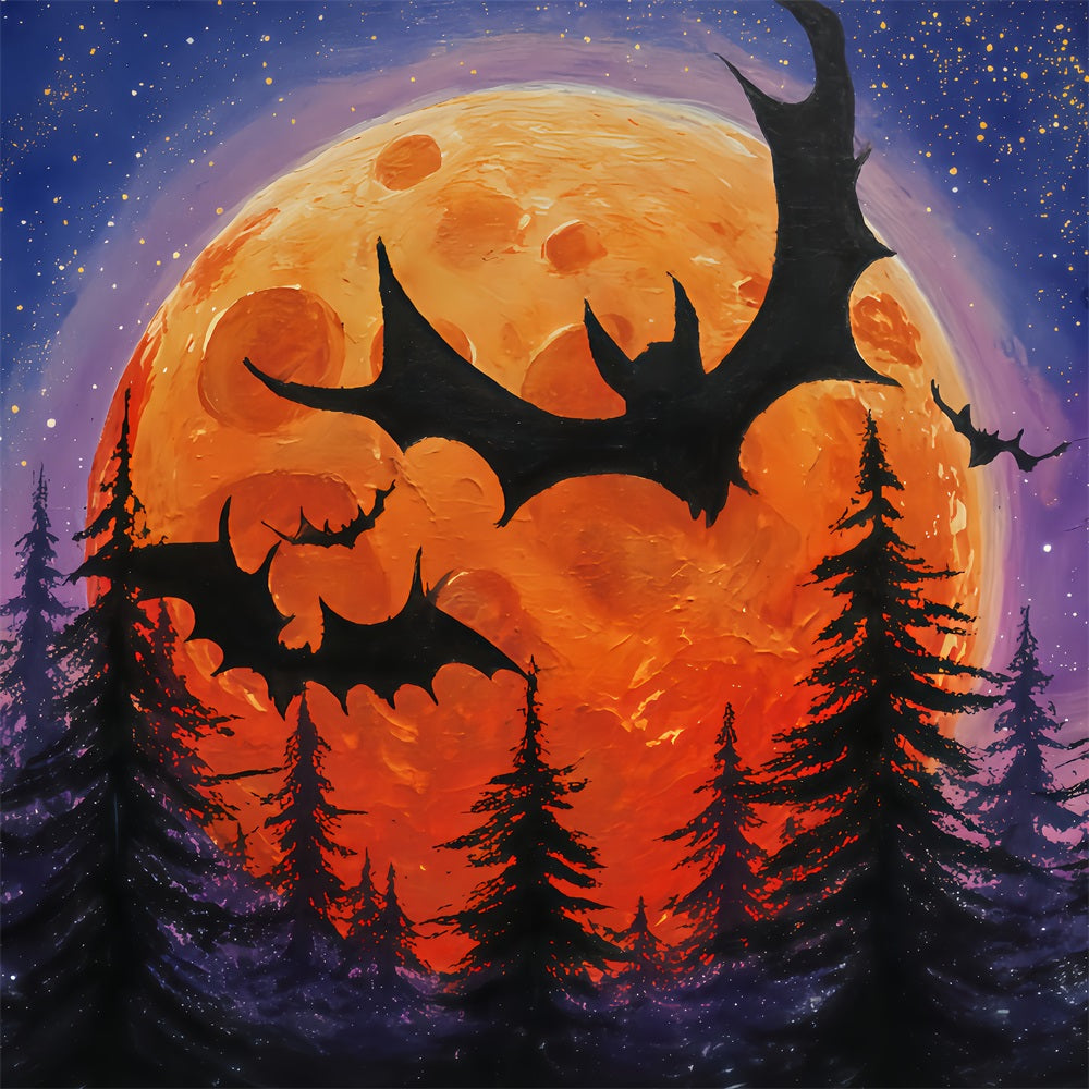 Halloween Moon Backdrop Flying Bats Orange Moon Forest Halloween Backdrops TWW510-12