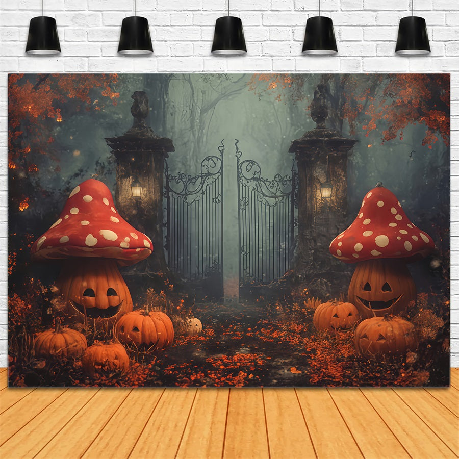 Scary Halloween Backdrops Pumpkin Mushrooms Enchanted Gate Halloween Photo Backdrop TWW510-13