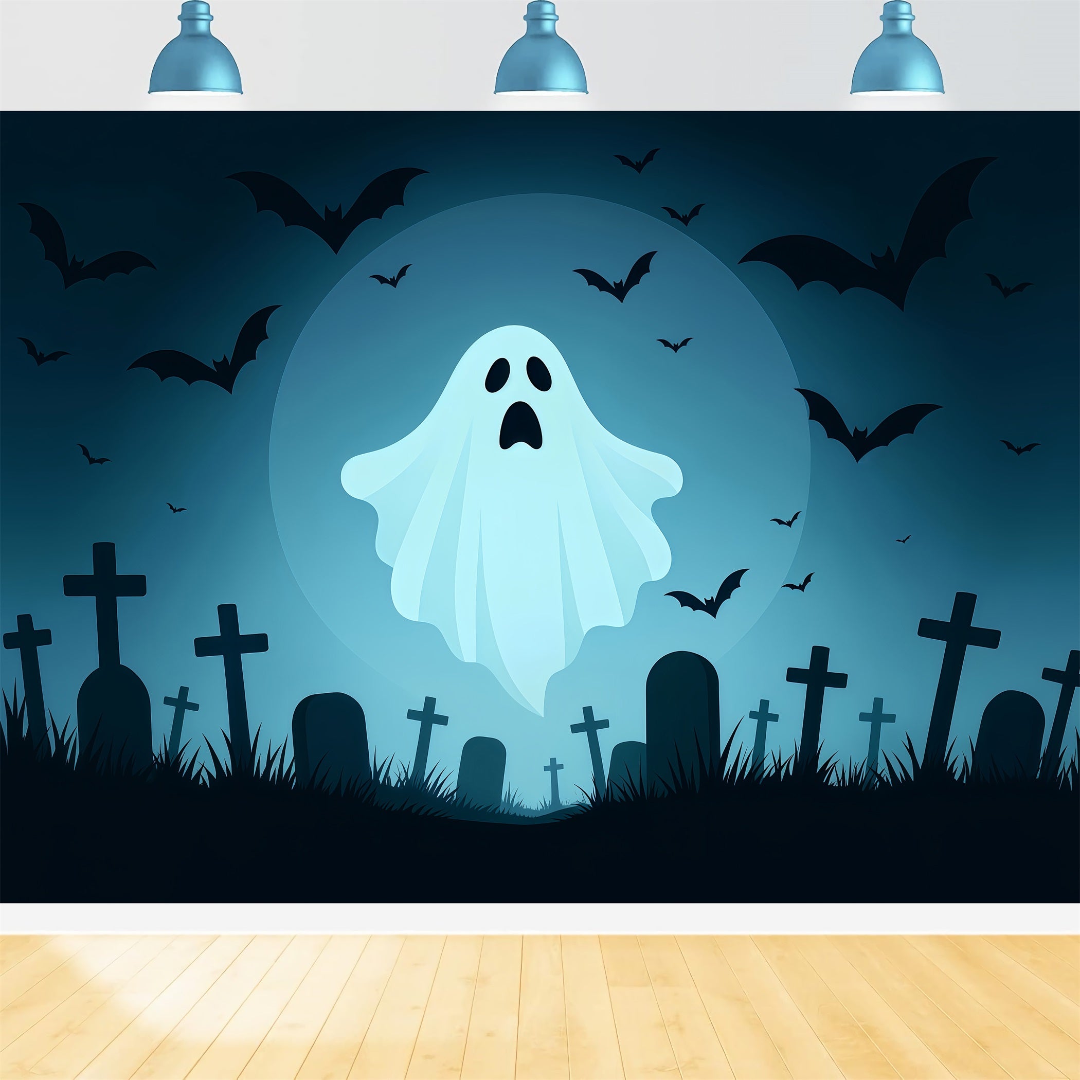 Graveyard Backdrop Flying Ghost Moon Graveyard Halloween Backdrops For Photos TWW510-16