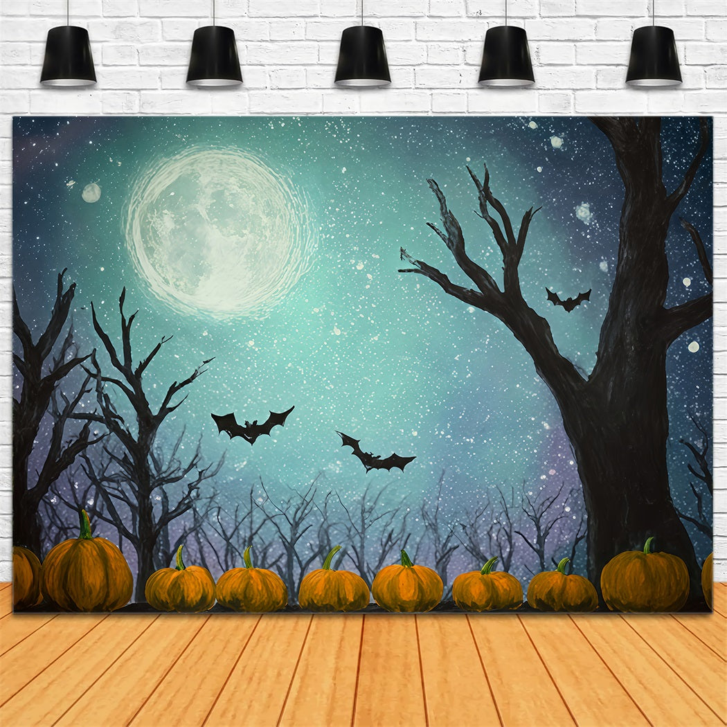 Halloween Moon Backdrop Bats Pumpkins Starry Moonlight Halloween Photo Backdrops TWW510-17