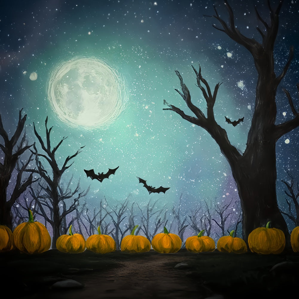 Halloween Moon Backdrop Bats Pumpkins Starry Moonlight Halloween Photo Backdrops TWW510-17