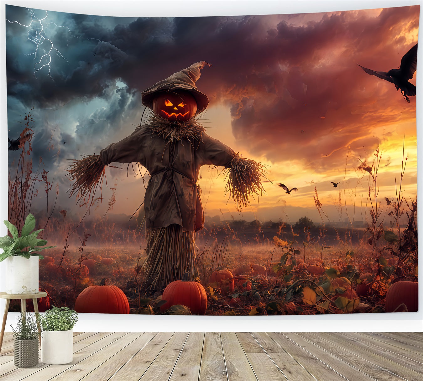Haunted Forest Backdrop Pumpkin Scarecrow Stormy Field Spooky Halloween Backdrop TWW510-18