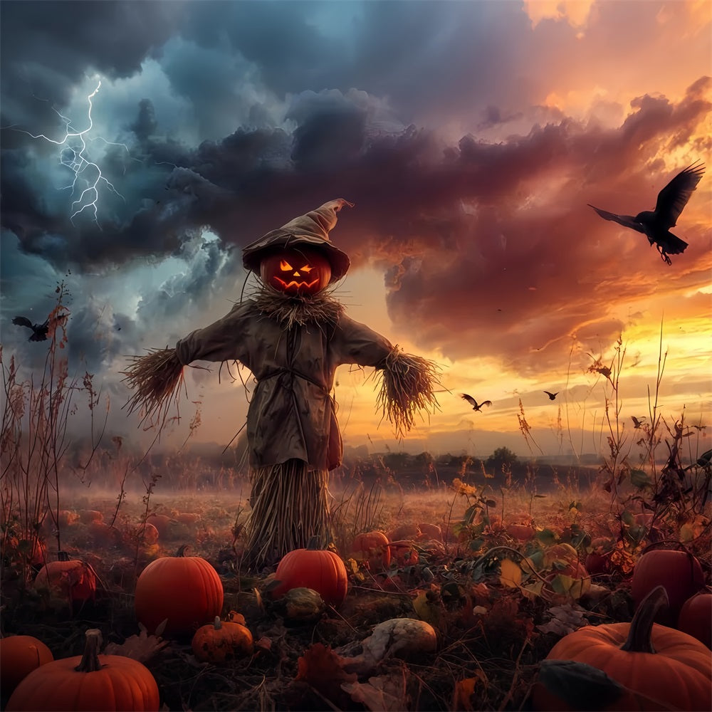 Haunted Forest Backdrop Pumpkin Scarecrow Stormy Field Spooky Halloween Backdrop TWW510-18