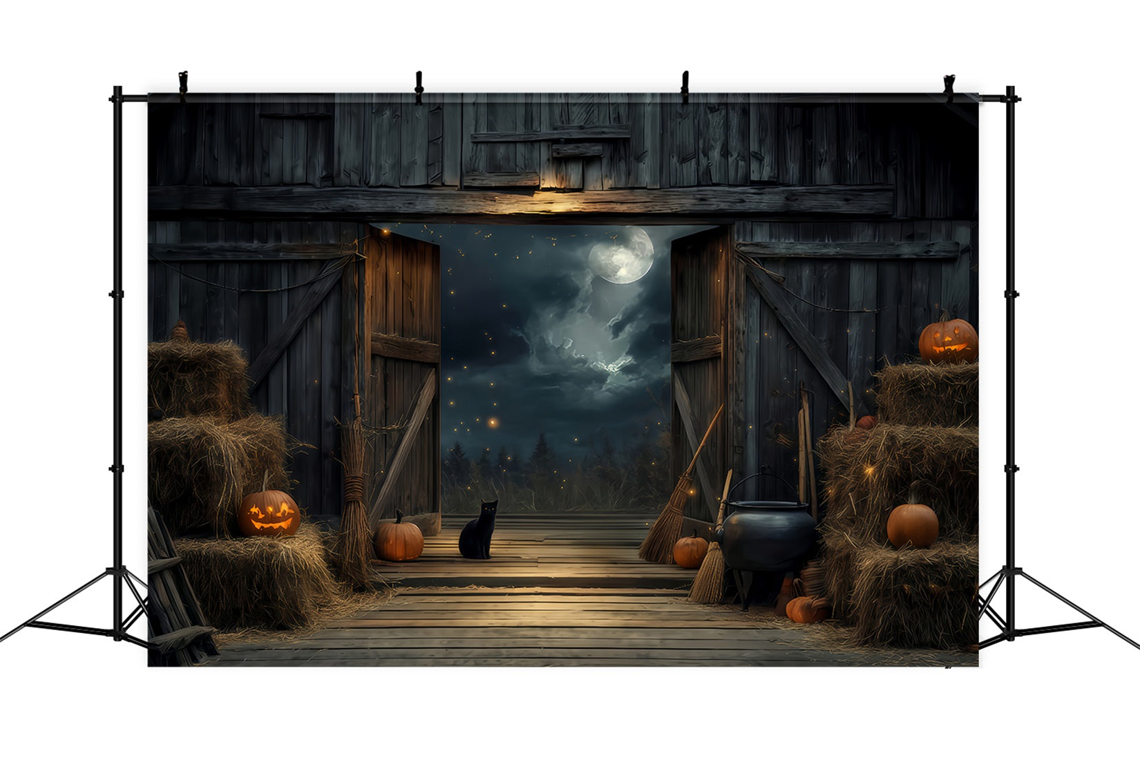 Halloween Color Backdrop Black Cat Barn Moonlight Halloween Backdrop TWW510-21