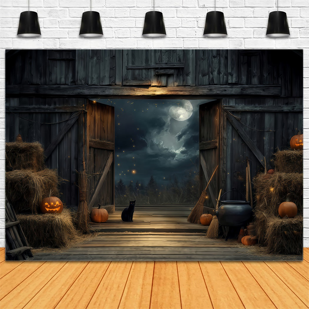Halloween Color Backdrop Black Cat Barn Moonlight Halloween Backdrop TWW510-21