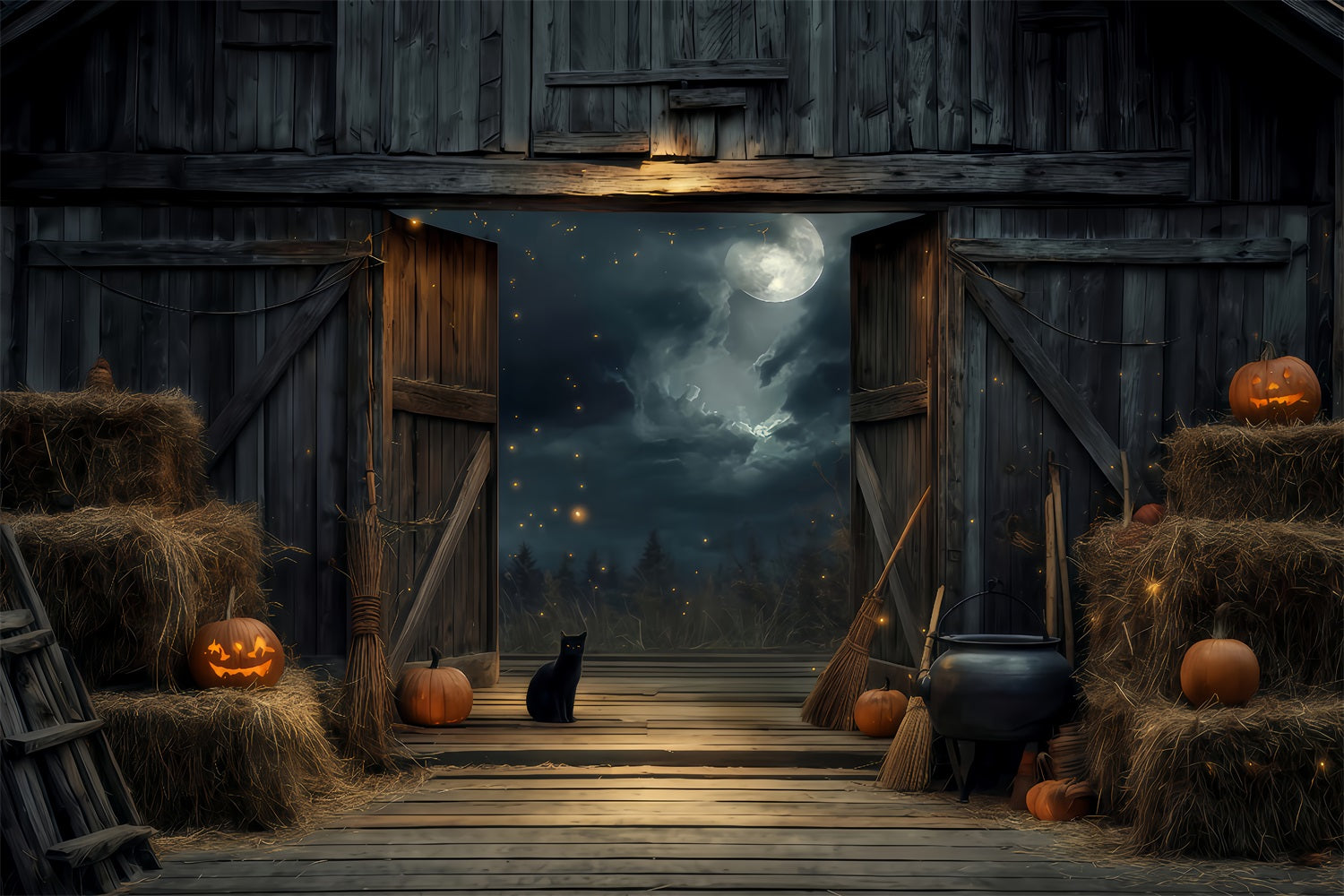 Halloween Color Backdrop Black Cat Barn Moonlight Halloween Backdrop TWW510-21
