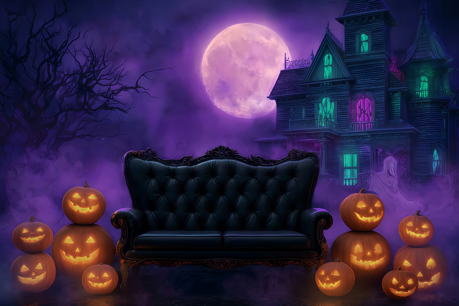 Halloween Moon Backdrop Gothic Sofa Haunted Mansion Halloween Backdrops TWW510-22