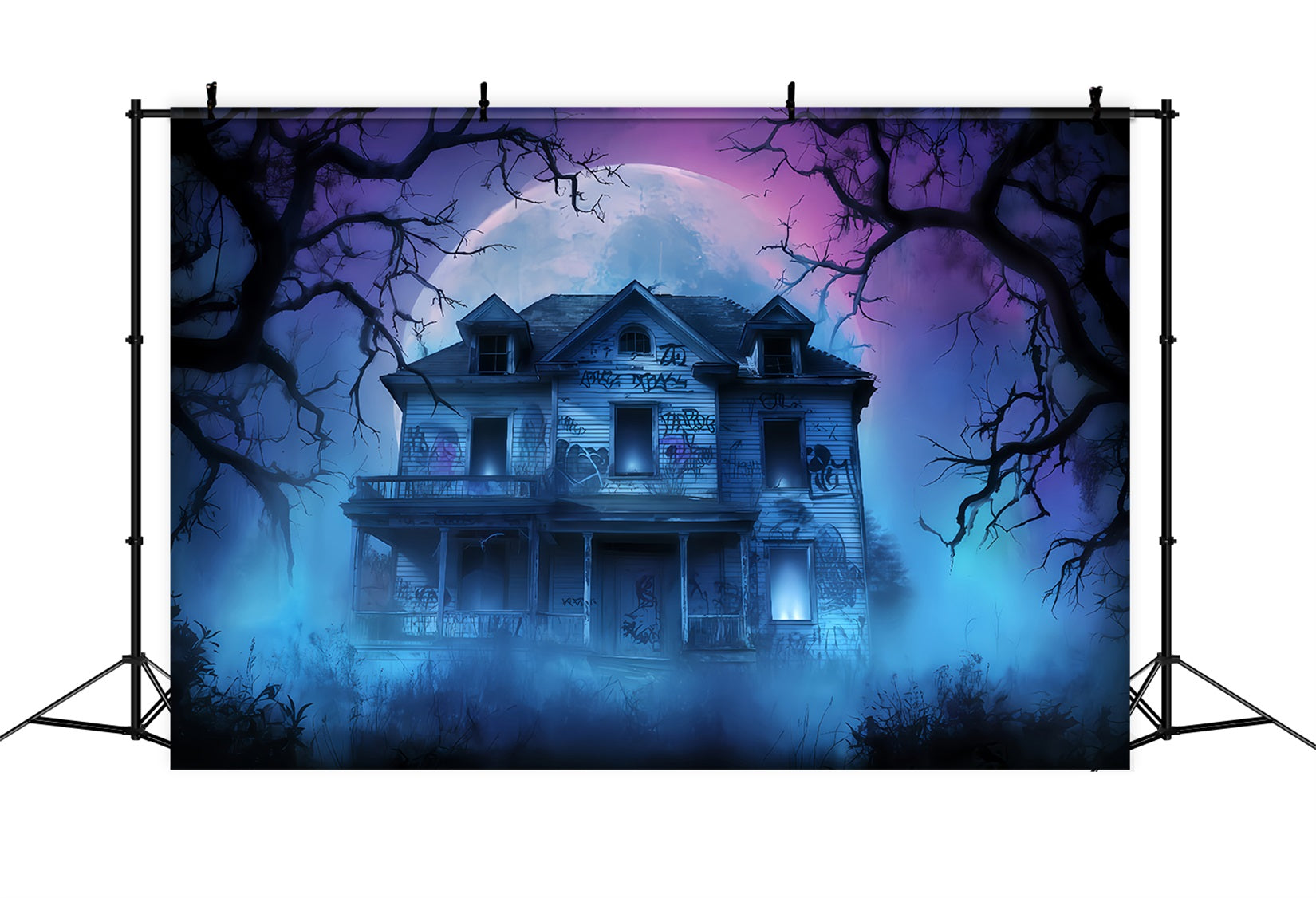 Haunted Mansion Backdrop Abandoned House Fog Night Halloween Backdrop For Photos TWW510-24