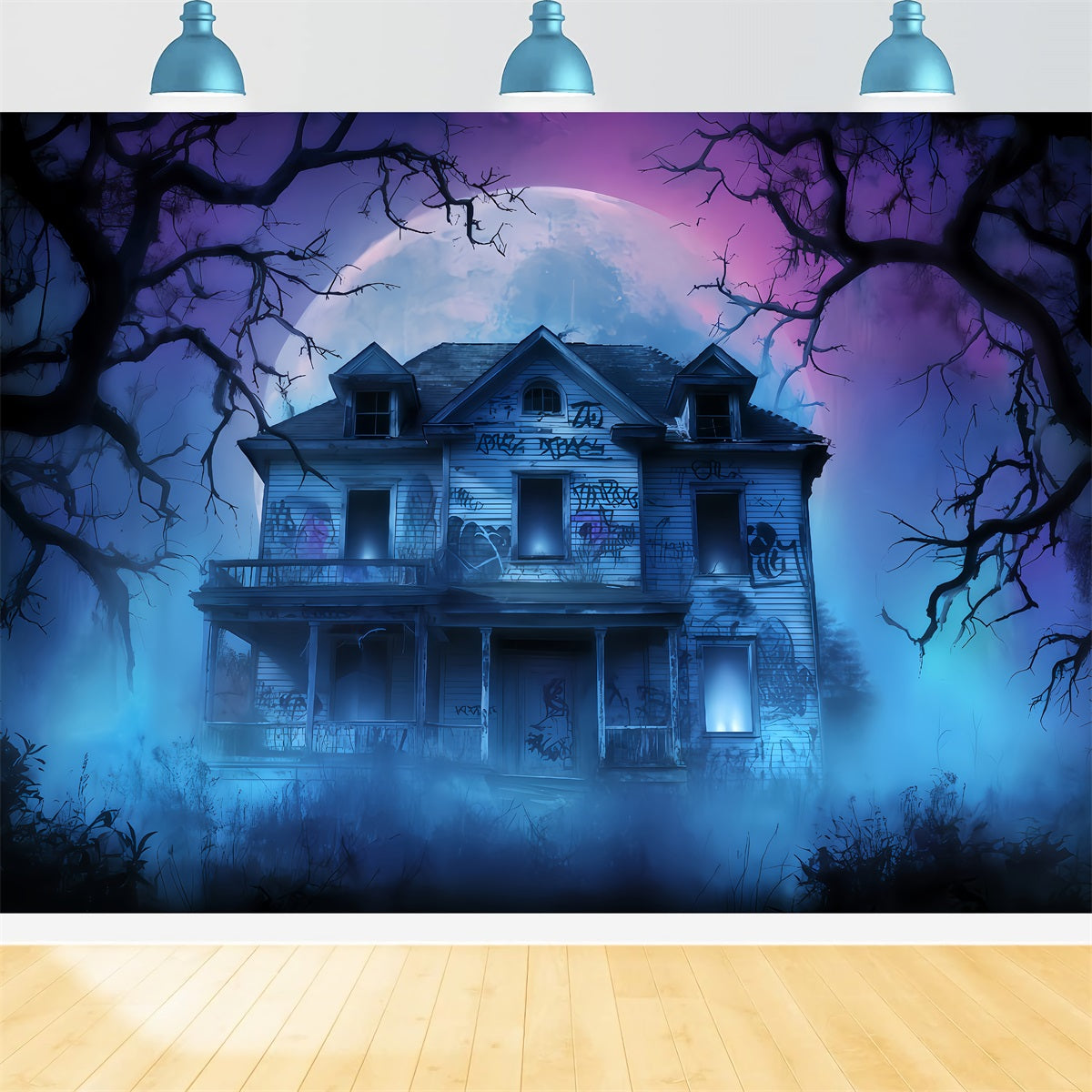 Haunted Mansion Backdrop Abandoned House Fog Night Halloween Backdrop For Photos TWW510-24