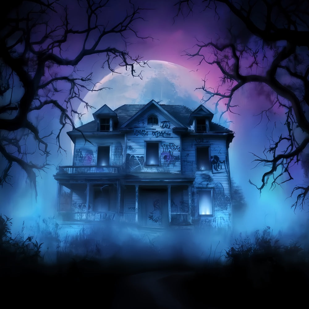 Haunted Mansion Backdrop Abandoned House Fog Night Halloween Backdrop For Photos TWW510-24