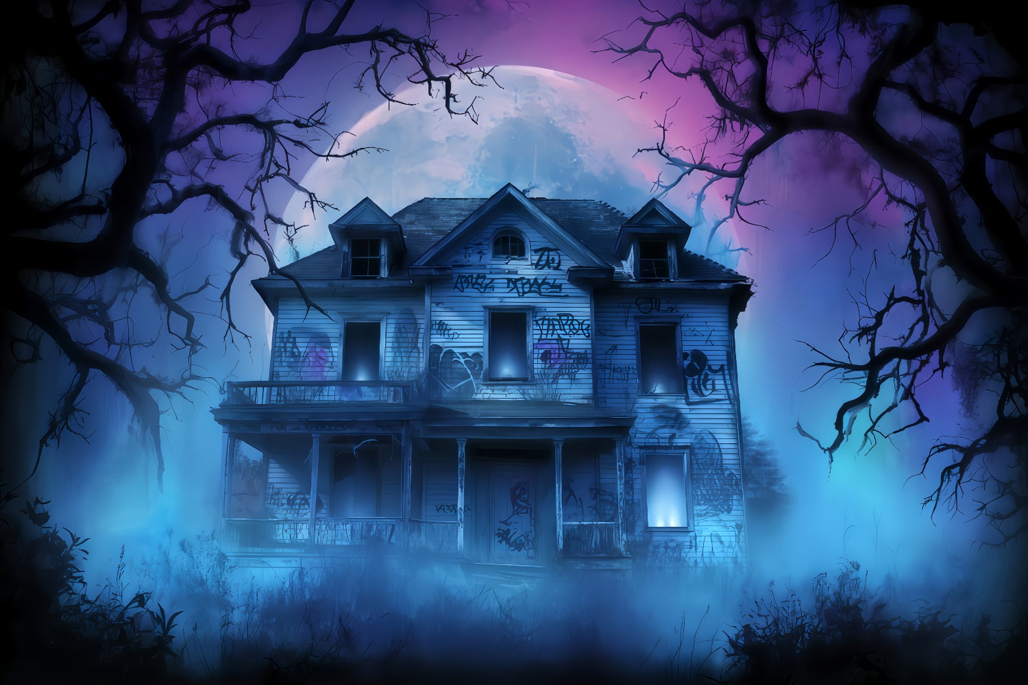 Haunted Mansion Backdrop Abandoned House Fog Night Halloween Backdrop For Photos TWW510-24