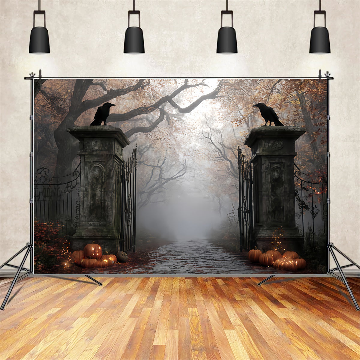 Haunted Forest Backdrop Foggy Graveyard Gate Entrance Halloween Photo Backdrop TWW510-3