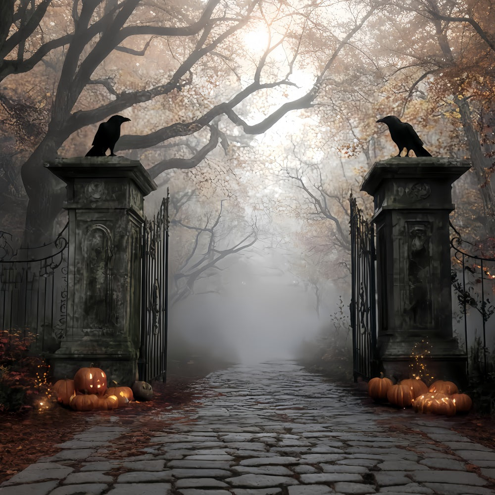 Haunted Forest Backdrop Foggy Graveyard Gate Entrance Halloween Photo Backdrop TWW510-3