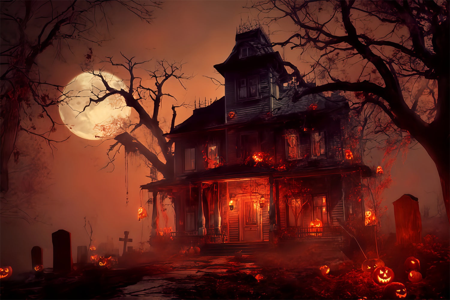 Haunted Mansion Backdrop Haunted Mansion Blood Moon Scary Halloween Backdrops TWW510-30