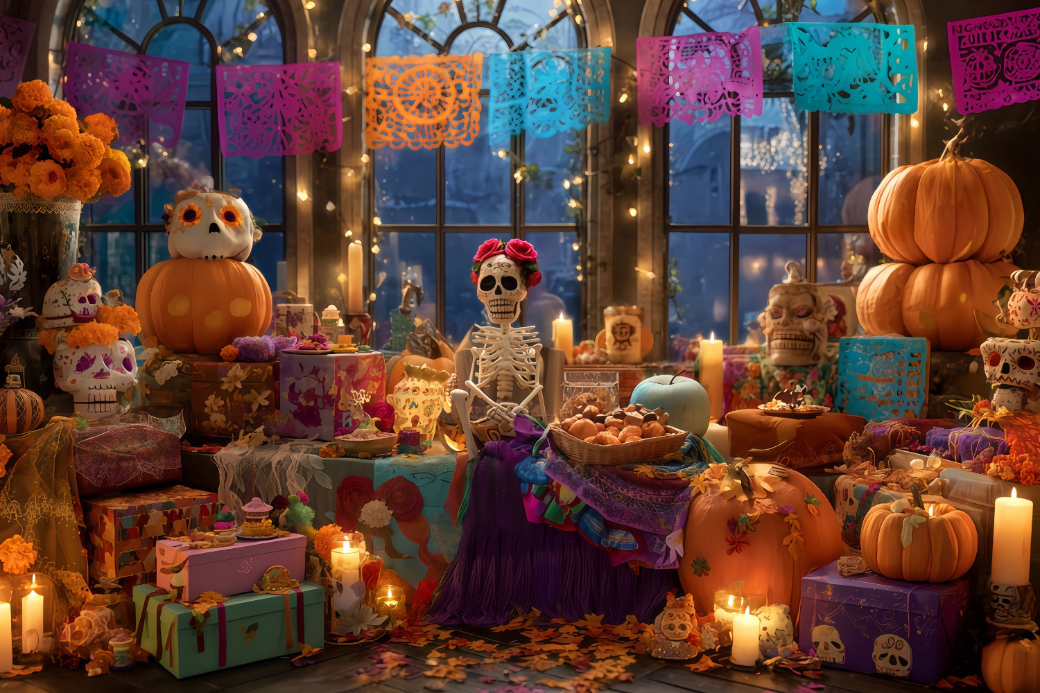 Scary Halloween Backdrops Skeleton Fiesta Candlelight Decor Halloween Backdrops TWW510-32