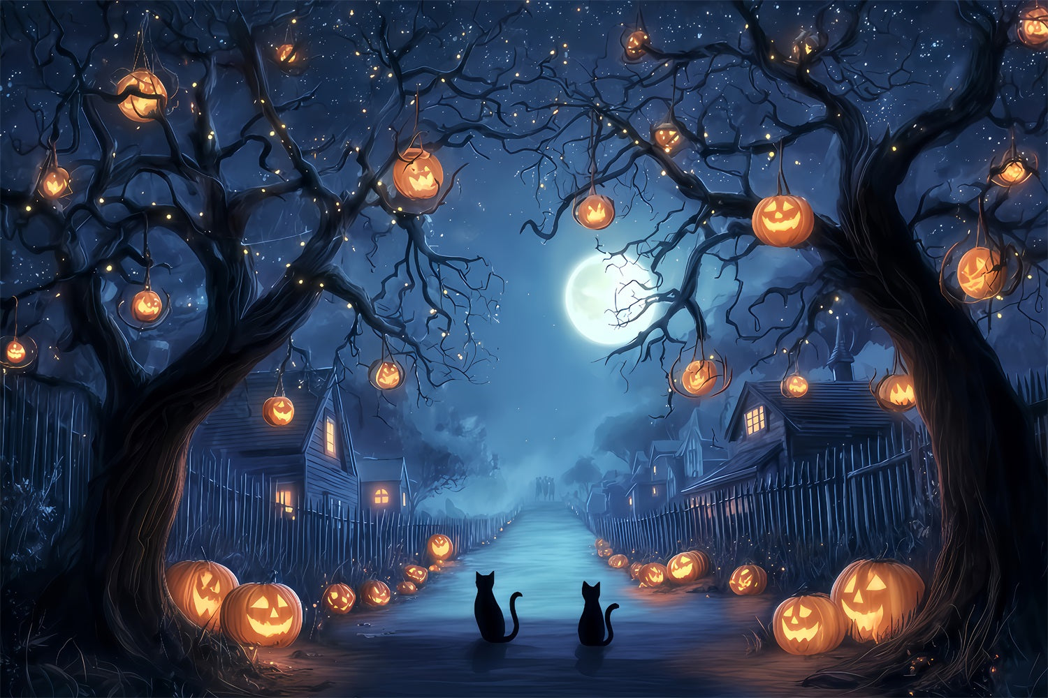 Halloween Color Backdrop Pumpkin Lane Midnight Cats Spooky Halloween Backdrop TWW510-38