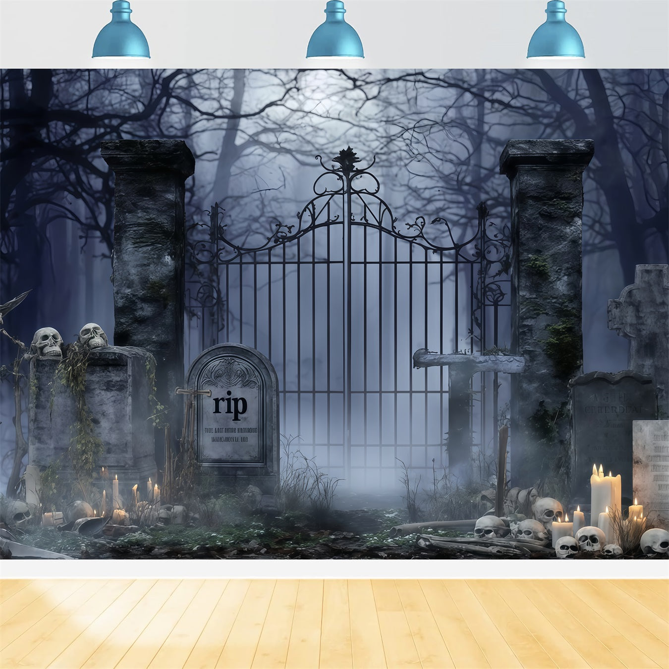 Graveyard Backdrop Spooky Cemetery Candles Halloween Backdrop For Photos TWW510-4