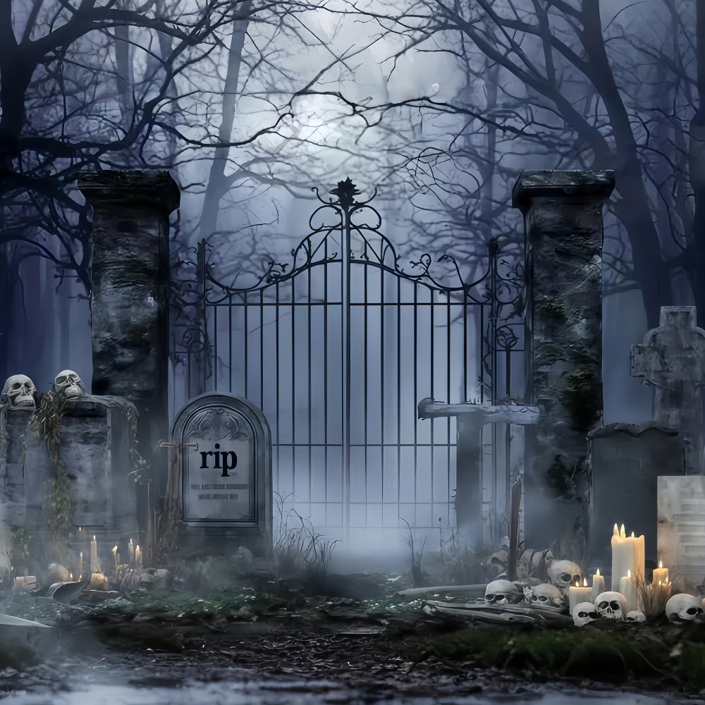Graveyard Backdrop Spooky Cemetery Candles Halloween Backdrop For Photos TWW510-4