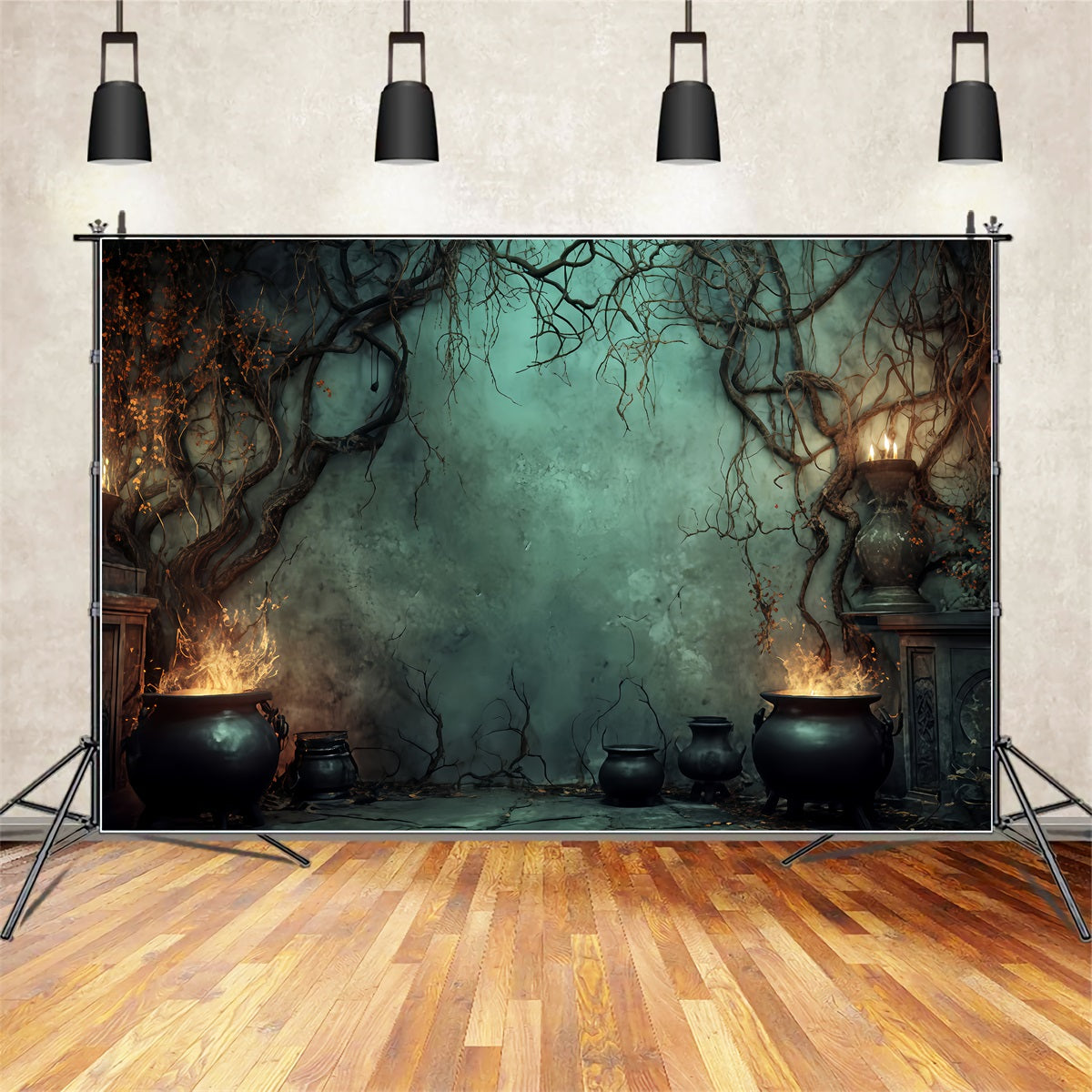 Halloween Backdrop Witch Cauldron Candle Flames Scary Halloween Backdrops TWW510-40