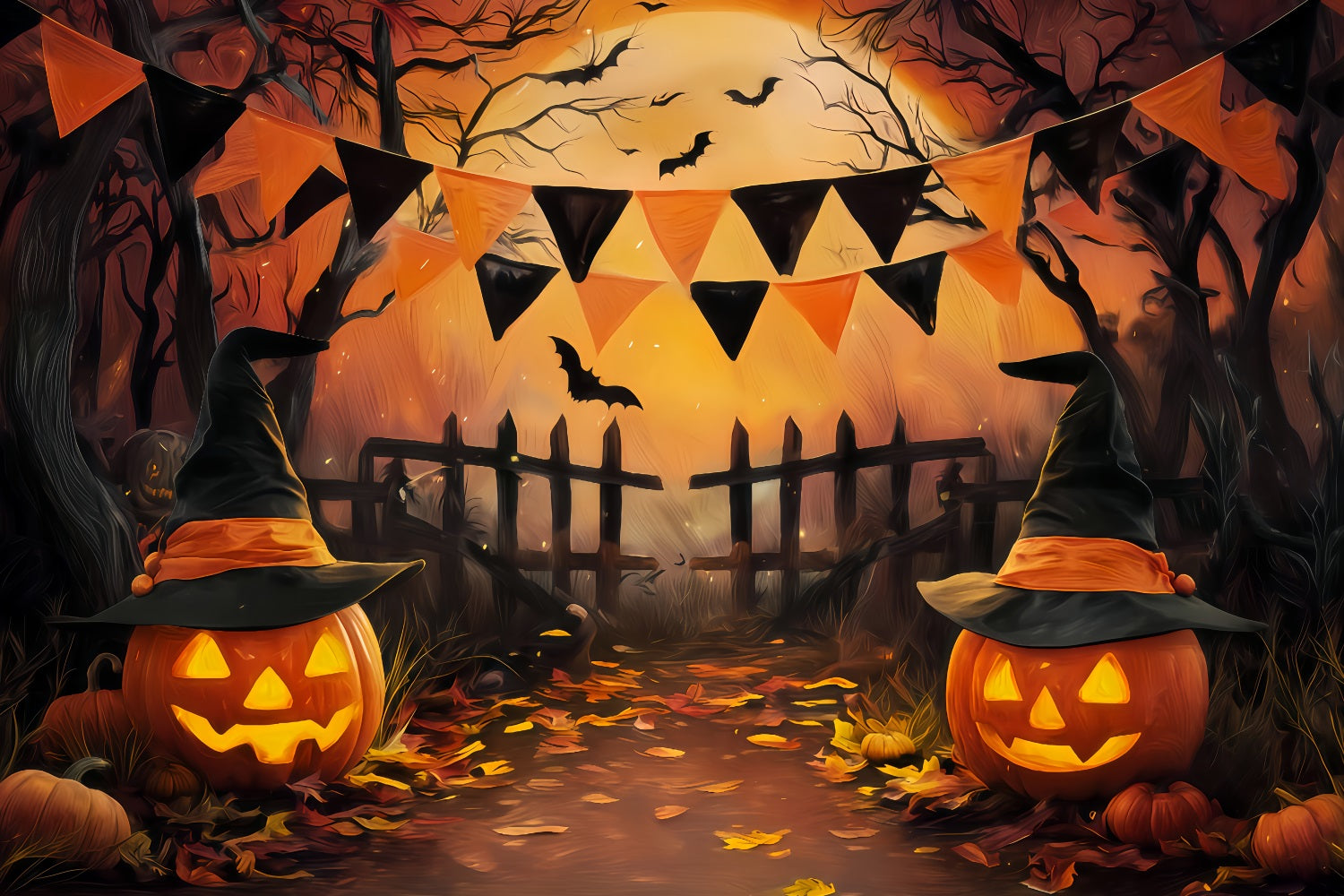 Halloween Color Backdrop Witch Hat Pumpkin Gate Halloween Photo Backdrop TWW510-43