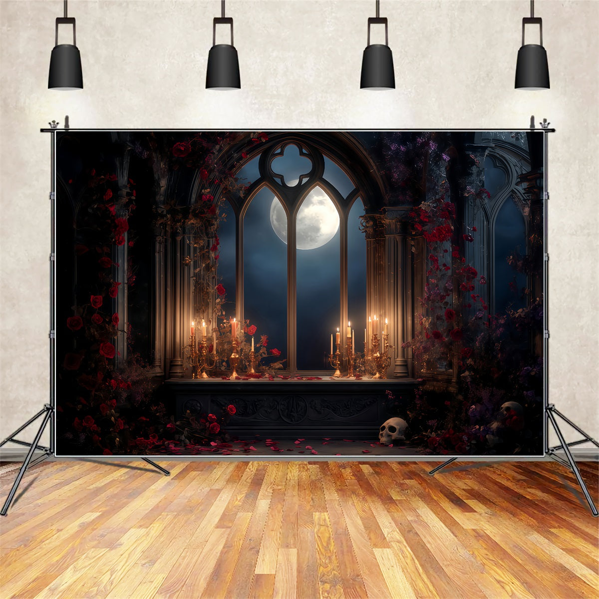 Scary Halloween Backdrops Moonlit Gothic Candle Altar Halloween Photo Backdrops TWW510-47