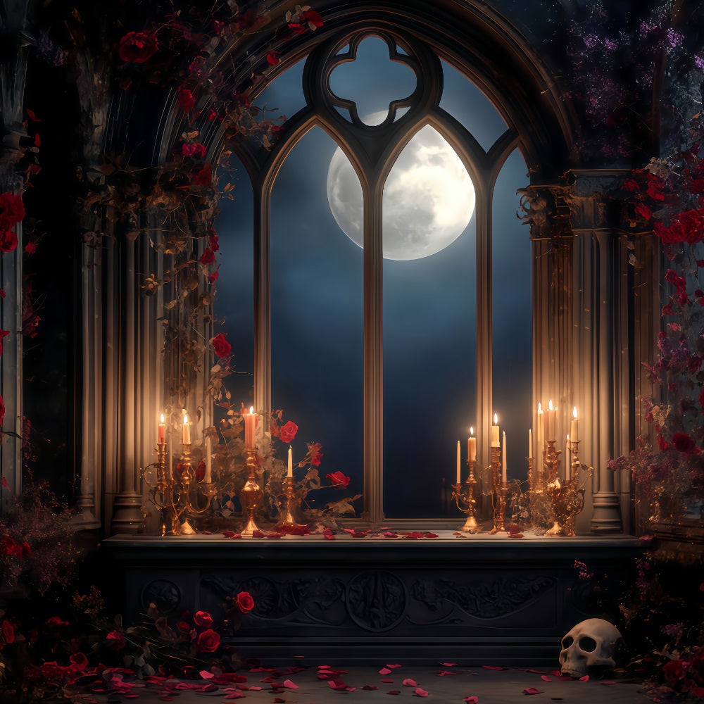 Scary Halloween Backdrops Moonlit Gothic Candle Altar Halloween Photo Backdrops TWW510-47