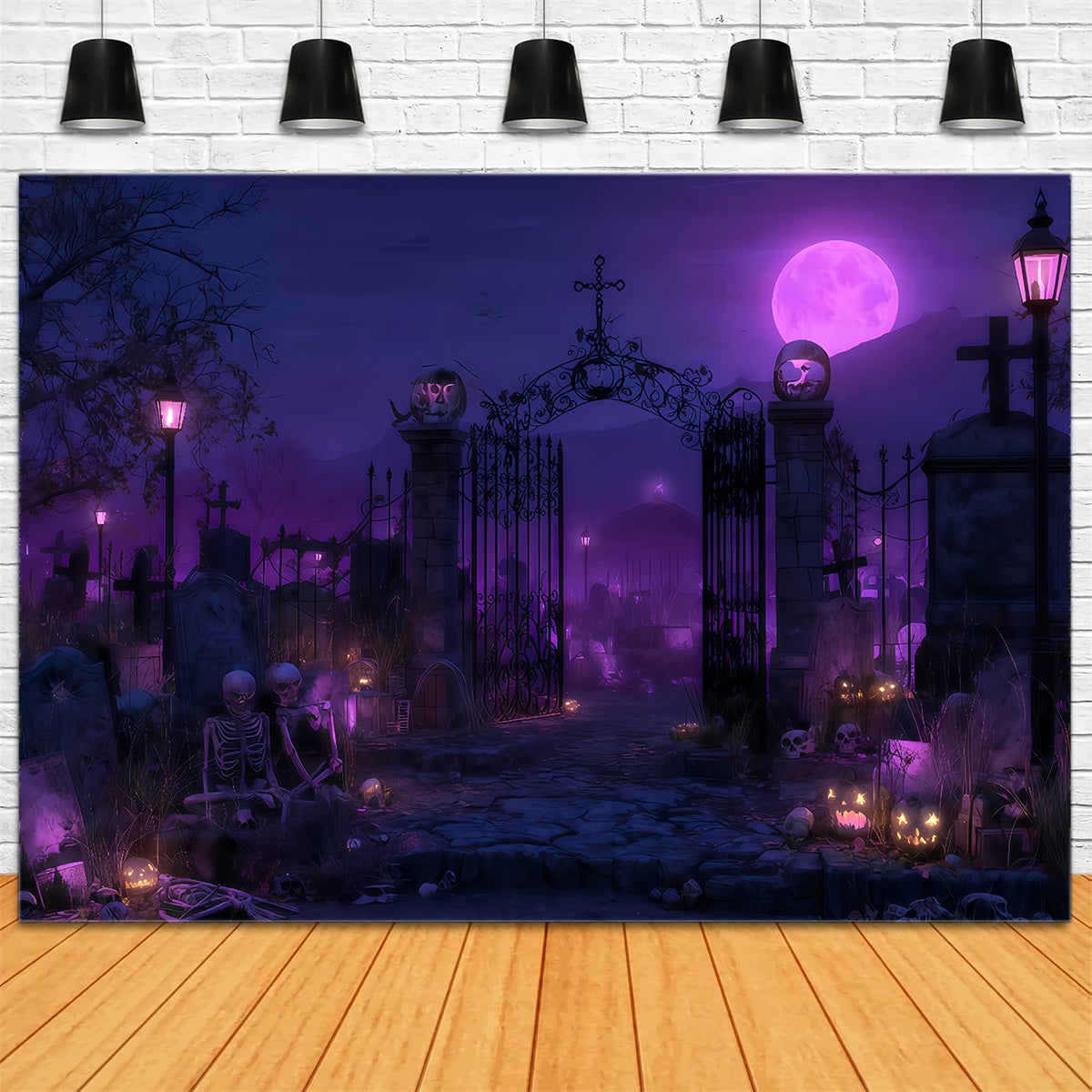Halloween Ghost Backdrop Purple Moon Graveyard Gate Halloween Photography Backdrop TWW510-49