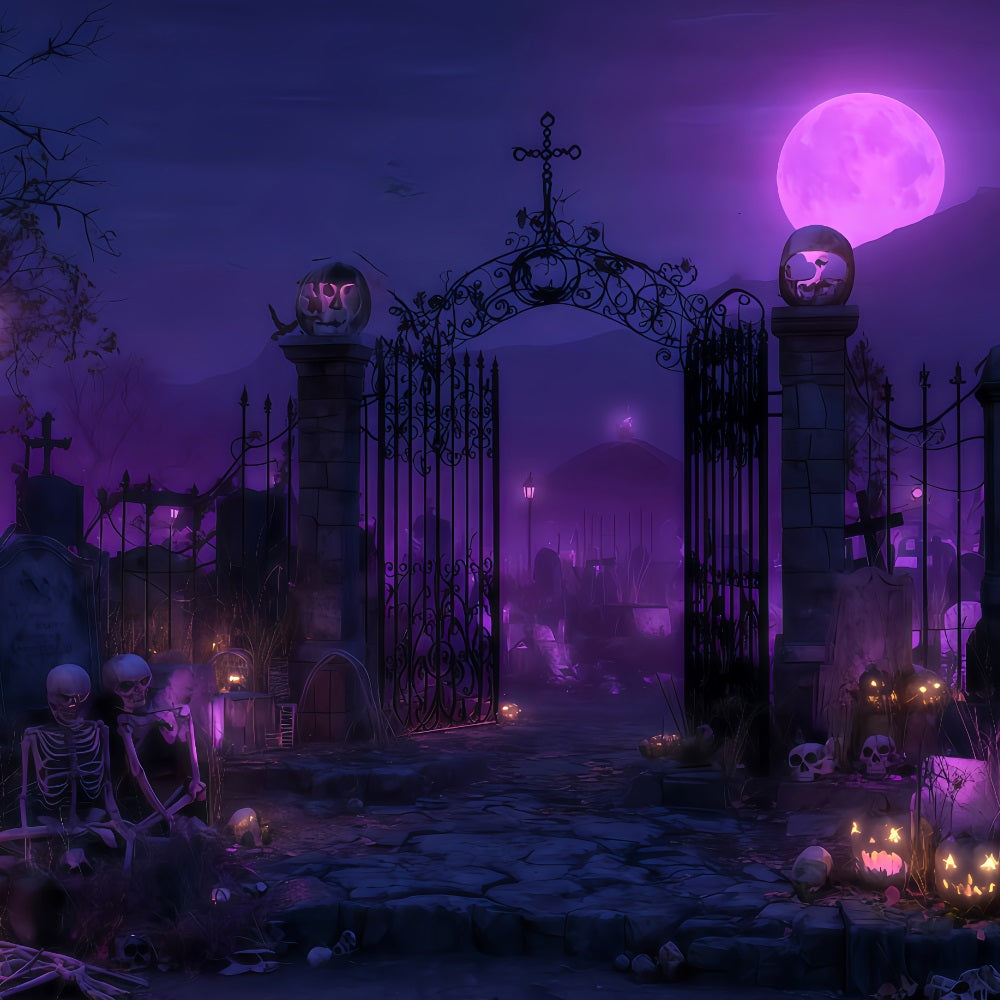 Halloween Ghost Backdrop Purple Moon Graveyard Gate Halloween Photography Backdrop TWW510-49