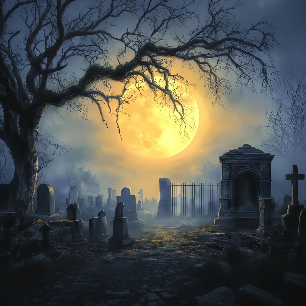 Graveyard Backdrop Full Moon Haunted Cemetery Halloween Backdrop Ideas TWW510-5