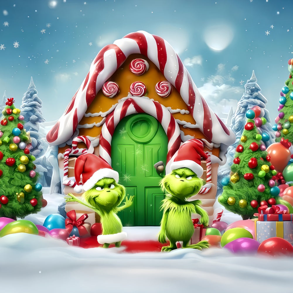 Grinch Photo Backdrop Candy House Grinch Funland Christmas Backdrops TWW510-51