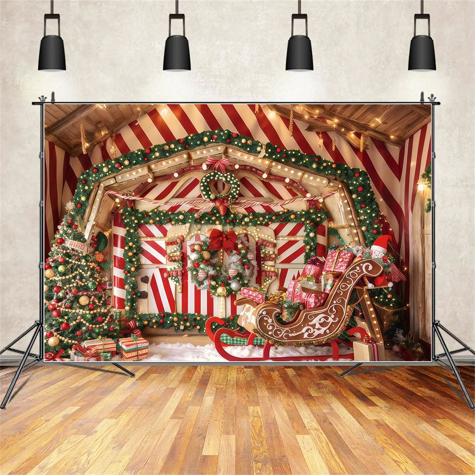Gingerbread Backdrop Peppermint Sleigh Gift Room Christmas Photo Backdrop TWW510-52