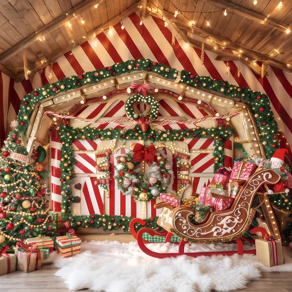 Gingerbread Backdrop Peppermint Sleigh Gift Room Christmas Photo Backdrop TWW510-52
