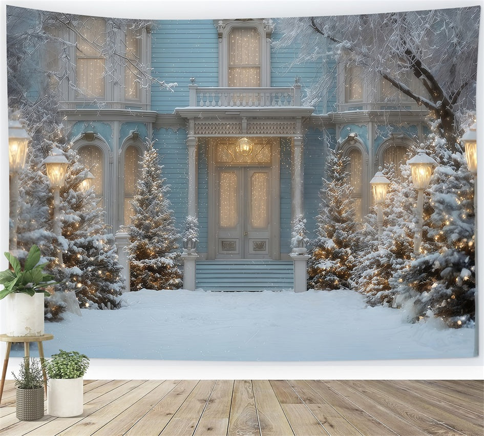 Christmas Tree Backdrop Snowy Blue Winter Mansion Christmas Backdrop Ideas TWW510-55
