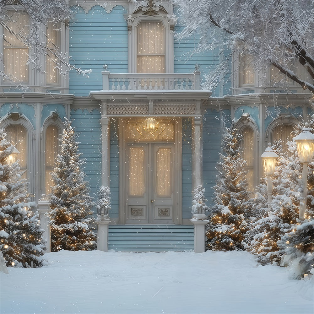 Christmas Tree Backdrop Snowy Blue Winter Mansion Christmas Backdrop Ideas TWW510-55